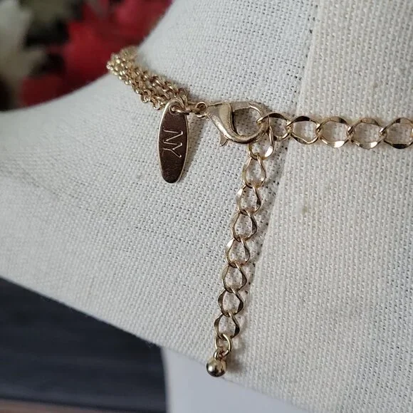 Gold Tone Multi Strand Necklace Pink Red Beads Hammered Discs Layered - Picture 5 of 5